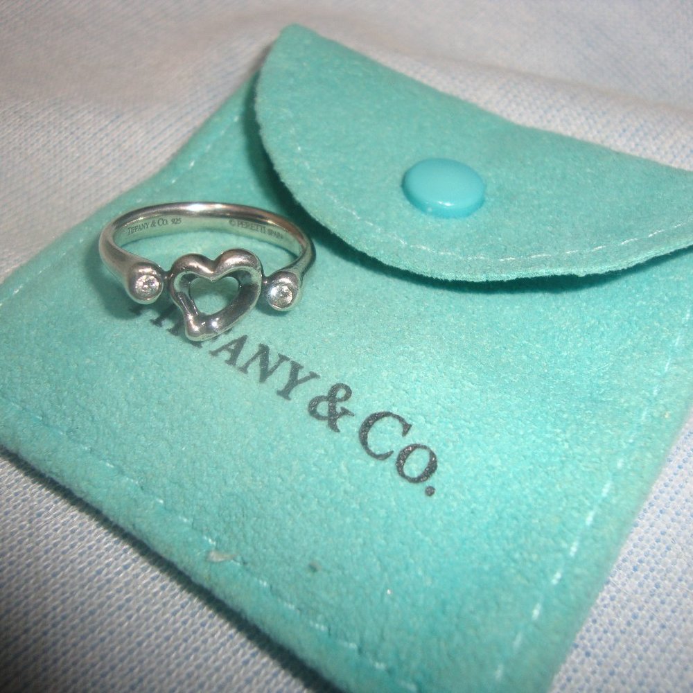 Tiffany diamond sterling silver open heart ring size 7